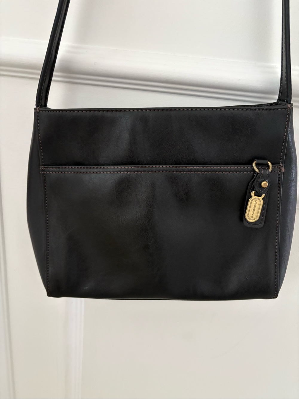 Liz Claiborne Black Leather Shoulder Bag with Gold Accent